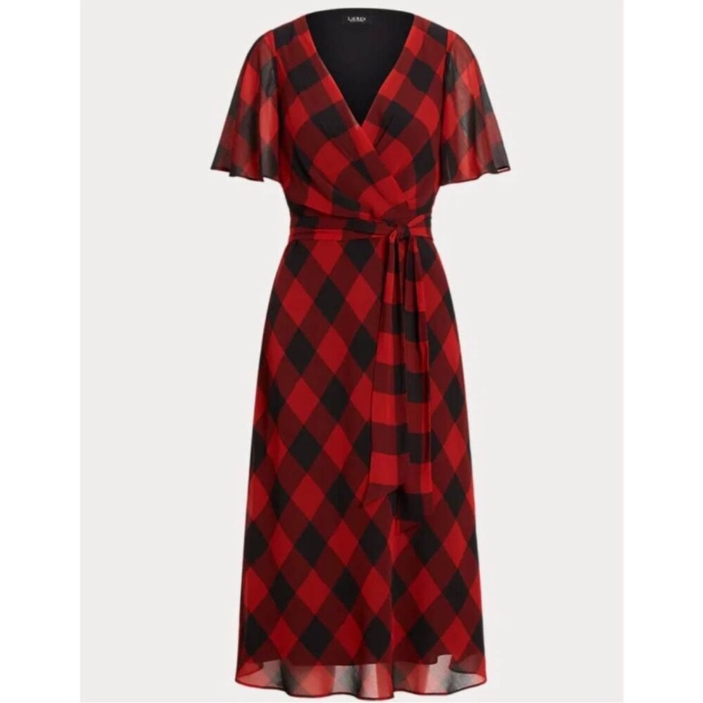 Ralph Lauren Dress Women's 14 Red Black Buffalo Check Belted Georgette NWT